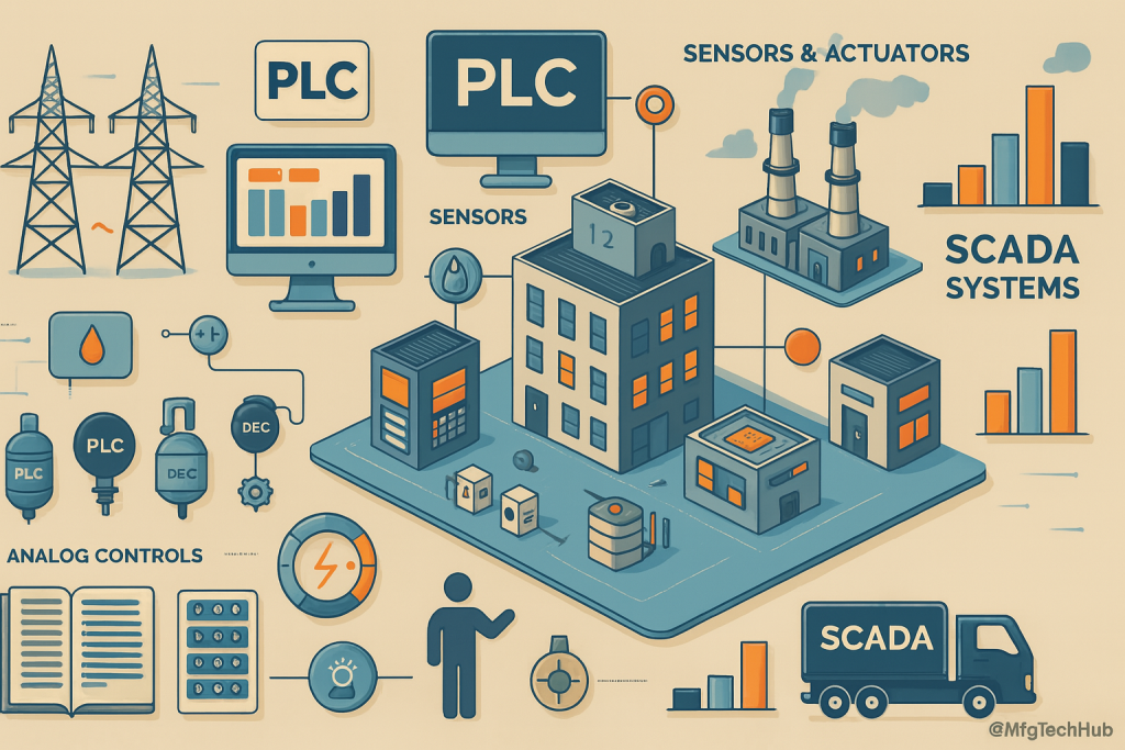 The relationship between PLCs, sensors, actuators, analog controls, and SCADA systems in an industrial automation setup.