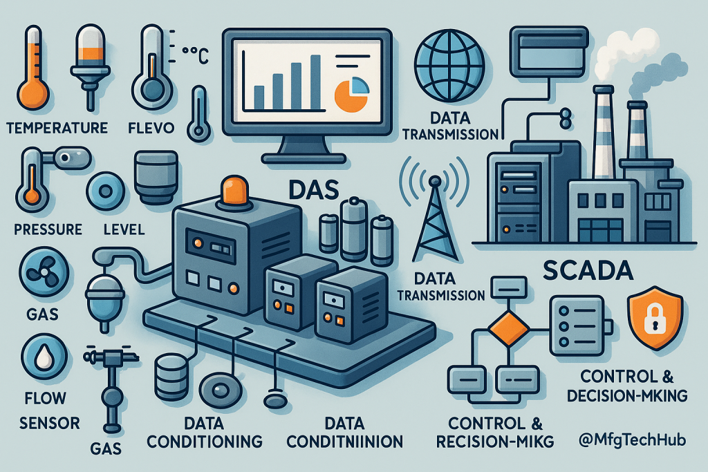 SCADA Systems Components: Data Processing infographic showing real-time analytics, AI integration, and data flow