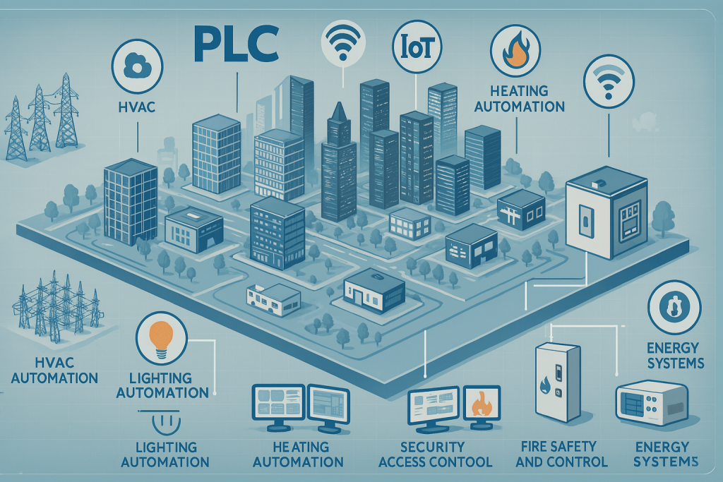 Smart City Automation Infographic showing PLC, IoT, HVAC, Lighting, Security, and Energy Systems