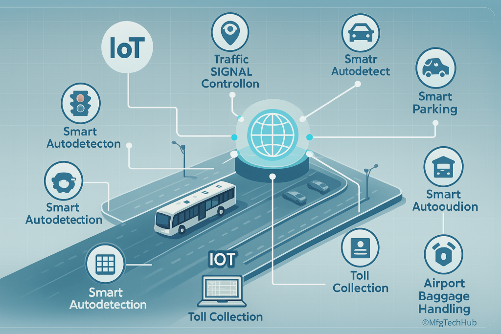 PLC In Transportation Systems 1 Smart city showcasing IoT-based traffic signal control, smart toll collection, smart parking, and urban automation