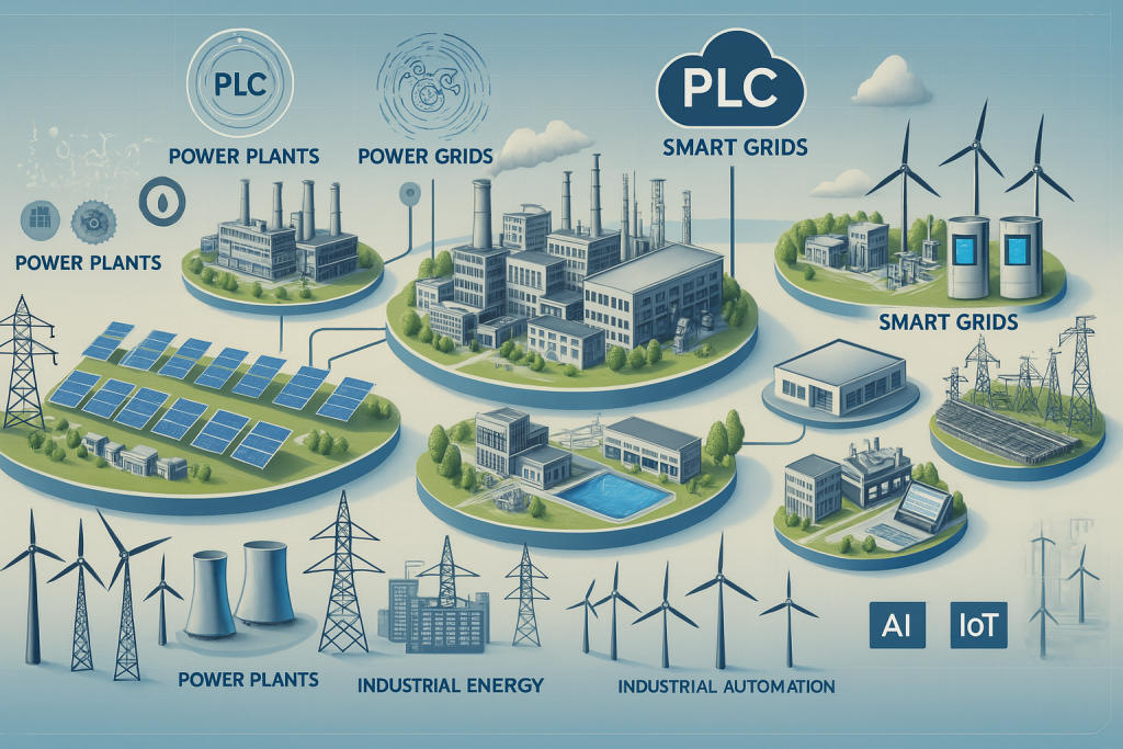 The integration of PLCs in power plants and smart grids, featuring solar panels, factories, wind turbines, and industrial automation.