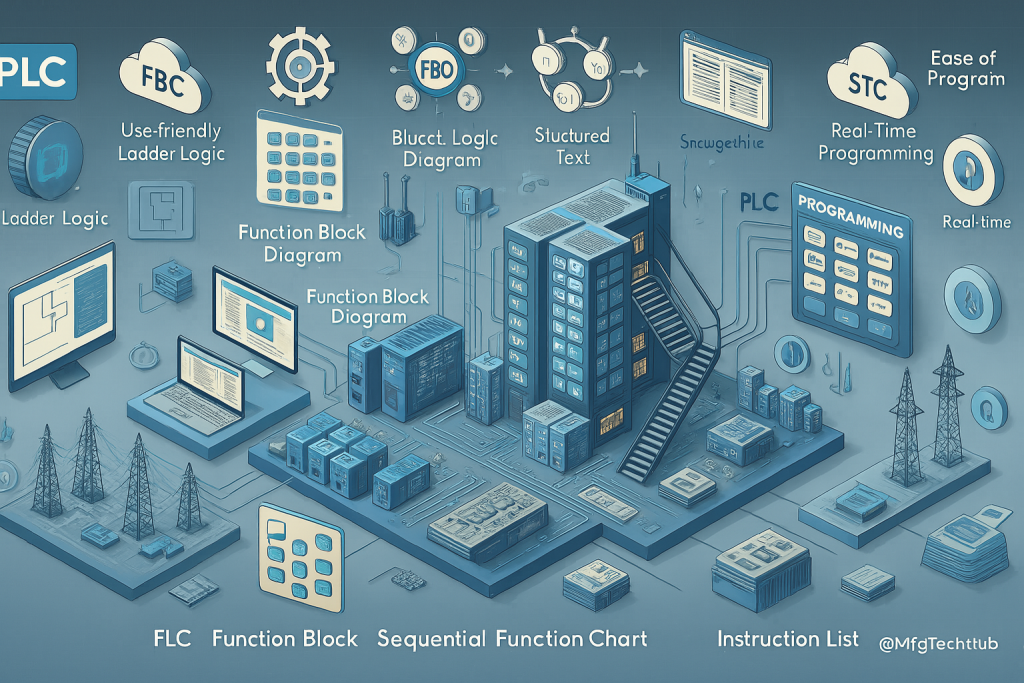PLC programming languages including Ladder Logic, Function Block Diagram, and Structured Text 