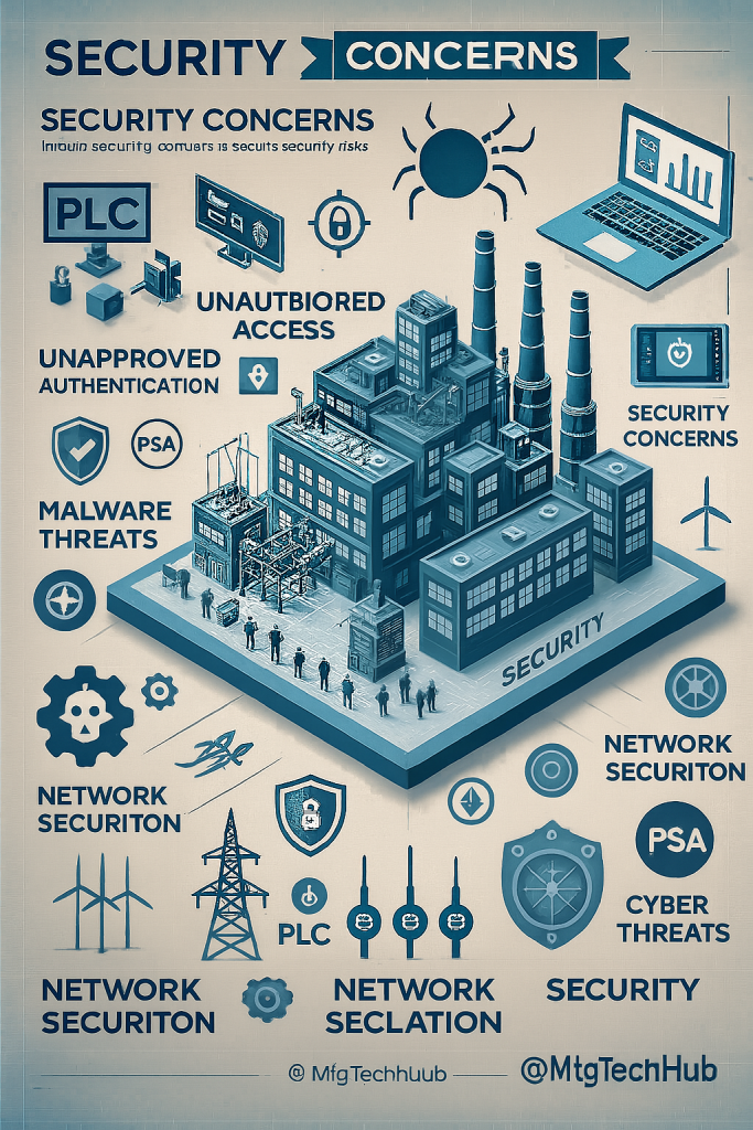PLC Challenges and Considerations - Security Concerns 1 The industrial security concerns including unauthorized access, unapproved authentication, malware threats, network security, and cyber threats around a factory structure.
