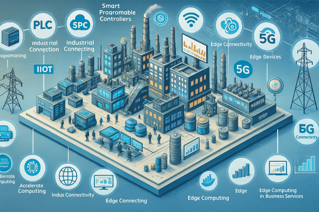 PLC Future Trends - Advances in Programming and Communication 1 Industrial automation infographic showing PLC programming languages and communication protocols with icons like Ladder Logic, Structured Text, Function Block Diagram, Profibus, Profinet, OPC UA, Modbus, and Wireless Function Chart.