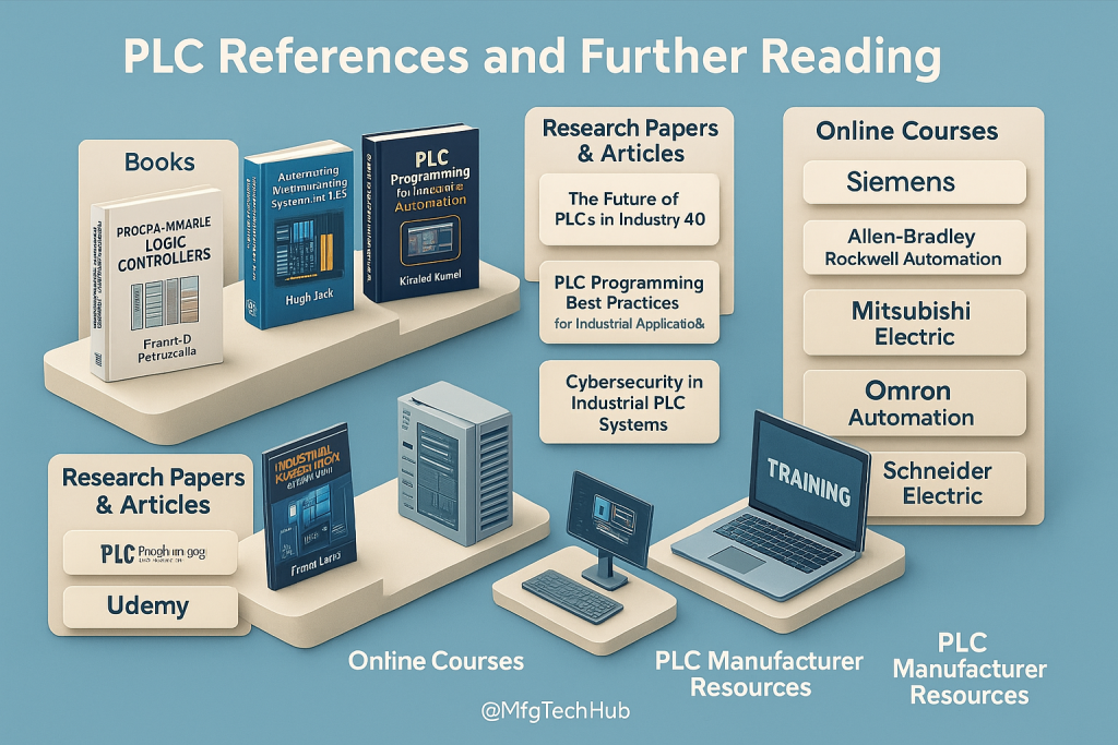 PLC References and Further Reading 1 Displaying books, research papers, courses, and manufacturer links for learning PLC technology, titled "PLC References and Further Reading"