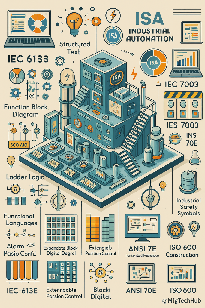 ISA and IEC standards for industrial automation including PLC control charts, block diagrams, and ladder logic.