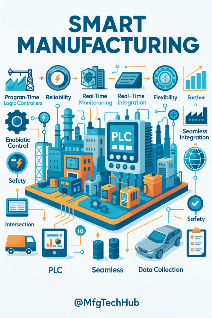 smart manufacturing with PLC systems, factory integration, data collection, safety controls, and IoT connectivity 