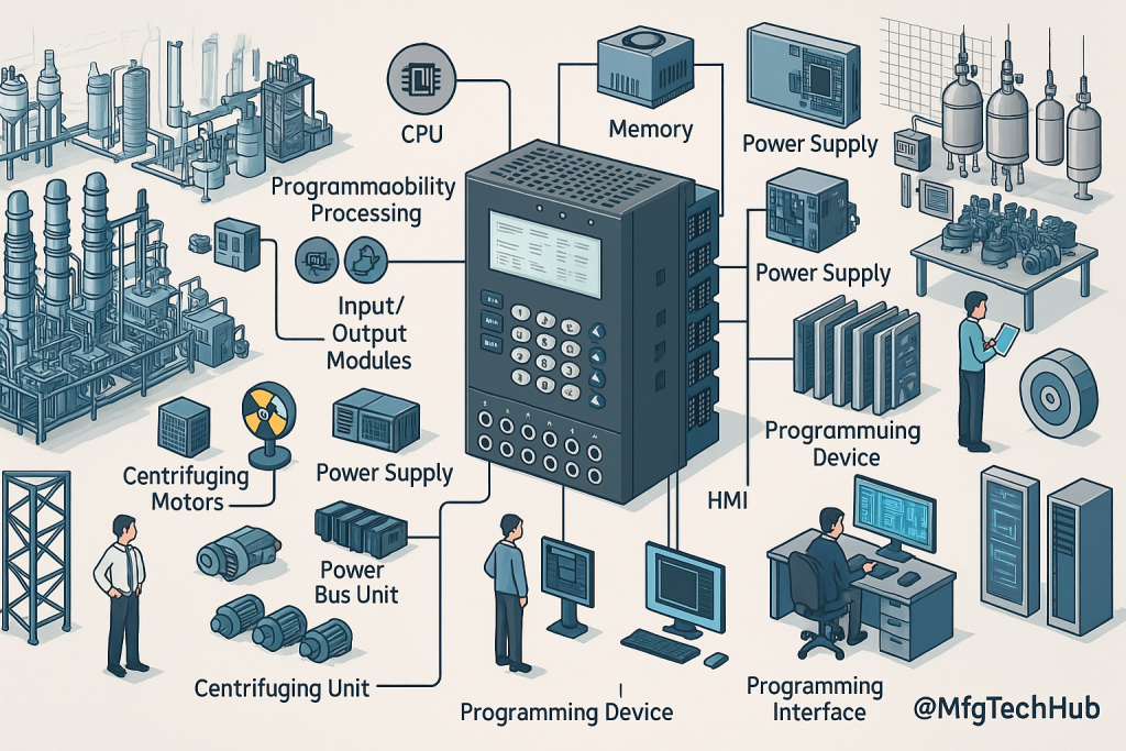 PLC architecture showing CPU, I/O modules, power supply, HMI, and other automation components in a smart factory setup