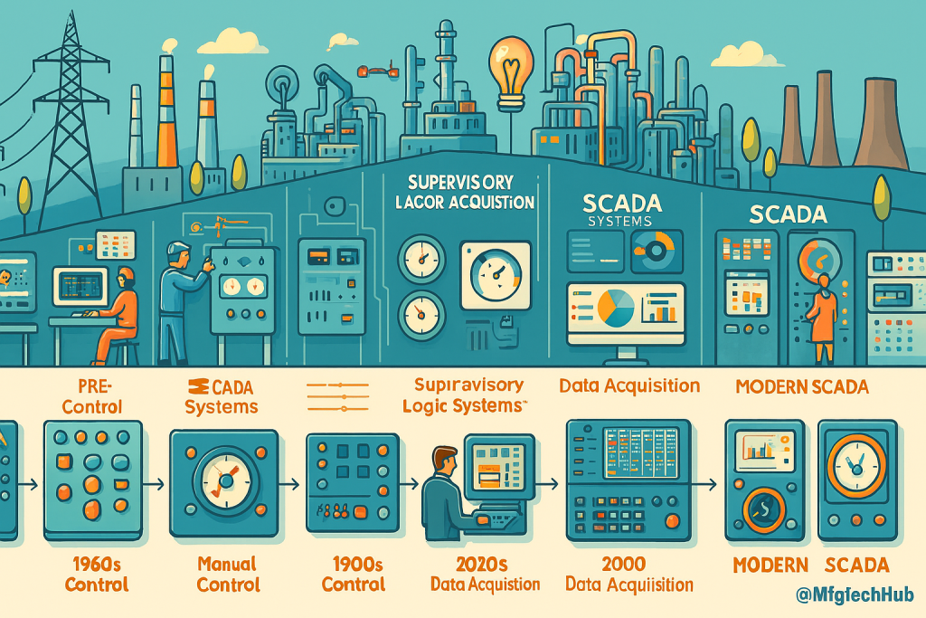 SCADA History and Evolution 1 The evolution of SCADA systems from early control panels in the 1960s to modern digital SCADA interfaces, featuring operators, industrial plants, and control devices