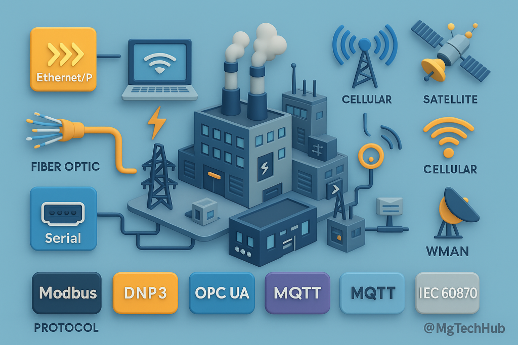 SCADA communication networks, including wired and wireless technologies, SCADA protocols, communication towers, fiber optics, and satellites.
