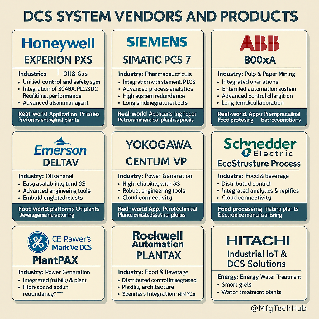 Top 10 DCS system vendors and products including Honeywell, Siemens, ABB, Emerson, Yokogawa, Schneider Electric, GE, Rockwell, Mitsubishi, and Hitachi with industries and features