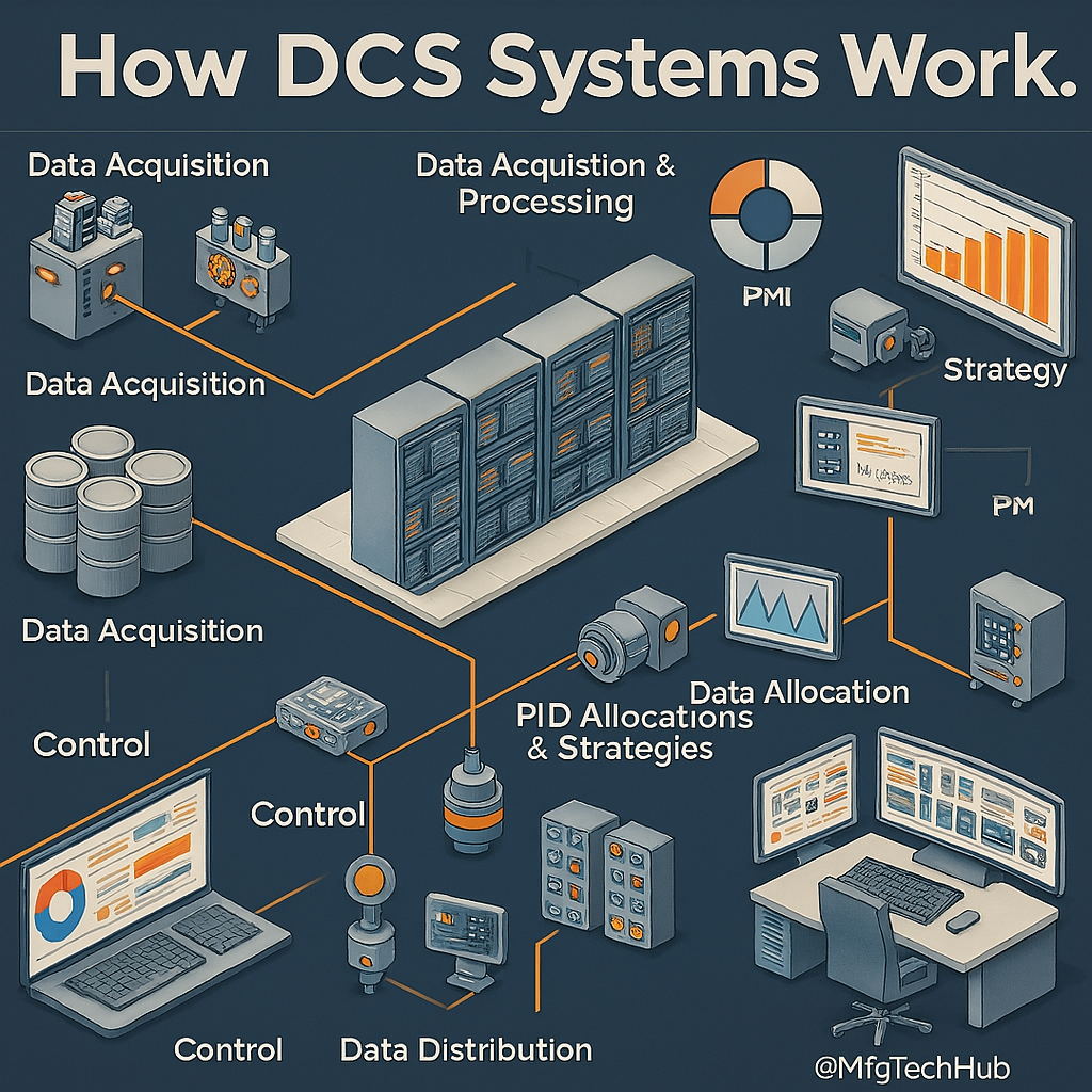 DCS systems work including data acquisition, processing, PID allocations, control, and monitoring