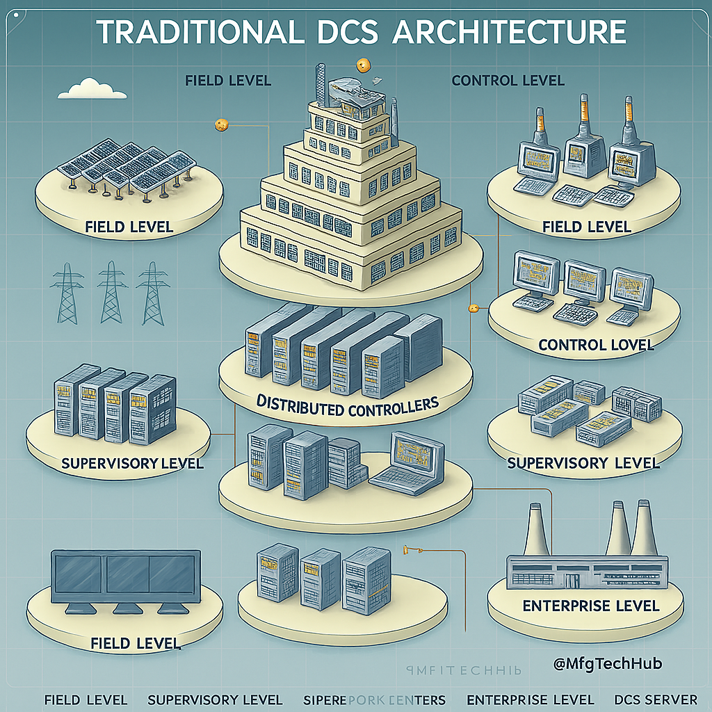 DCS Architecture: Traditional DCS Architecture 1 Traditional DCS architecture with field level, control level, distributed controllers, supervisory level, and enterprise level