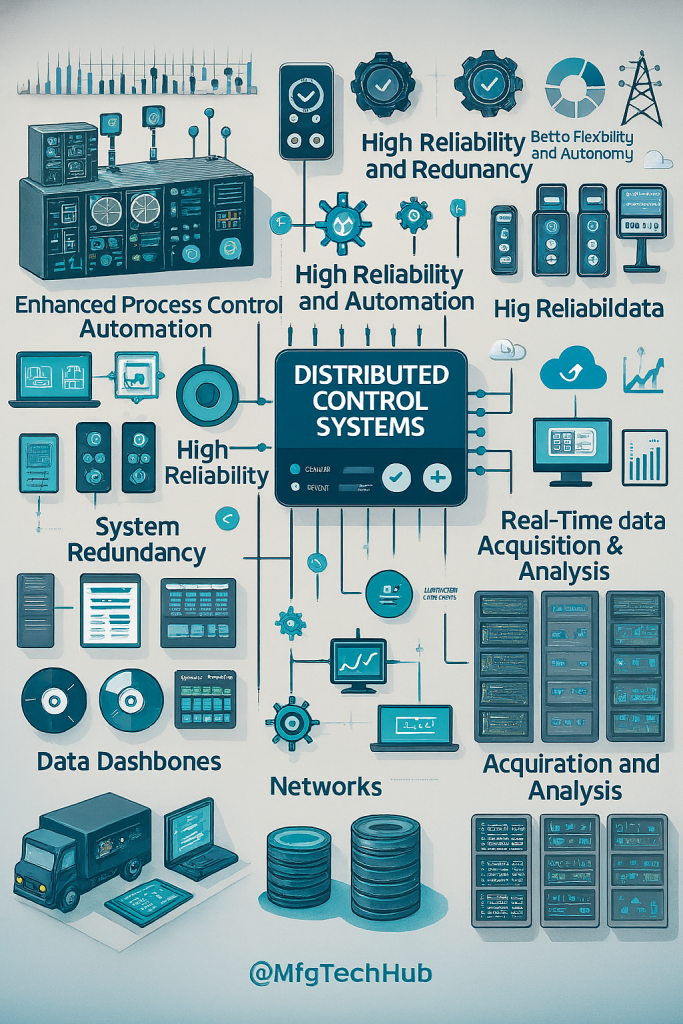 Distributed Control Systems highlighting reliability, automation, redundancy, and real-time data analysis