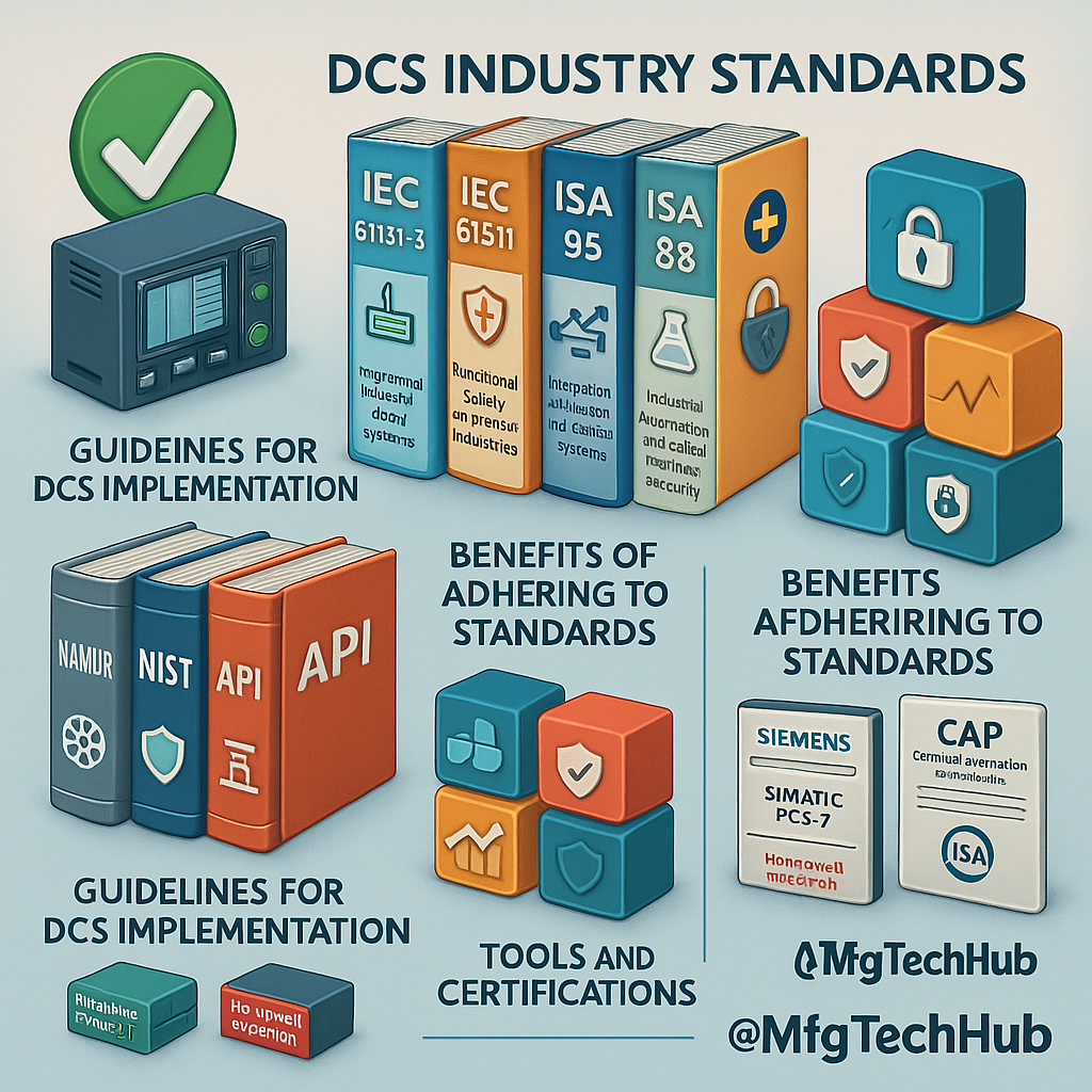 Infographic on DCS industry standards including IEC 61131-3, IEC 61511, ISA-95, ISA-88, IEC 62443, NAMUR, NIST, and API 554 with visual icons and control system graphics