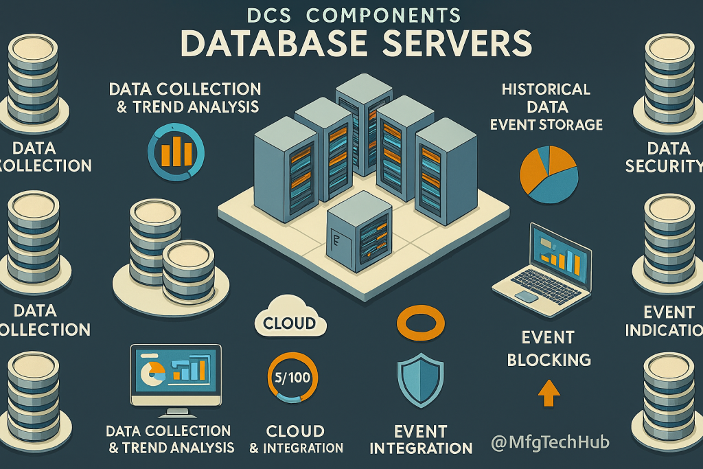 DCS components including database servers, data collection, trend analysis, cloud integration, event blocking, and data security