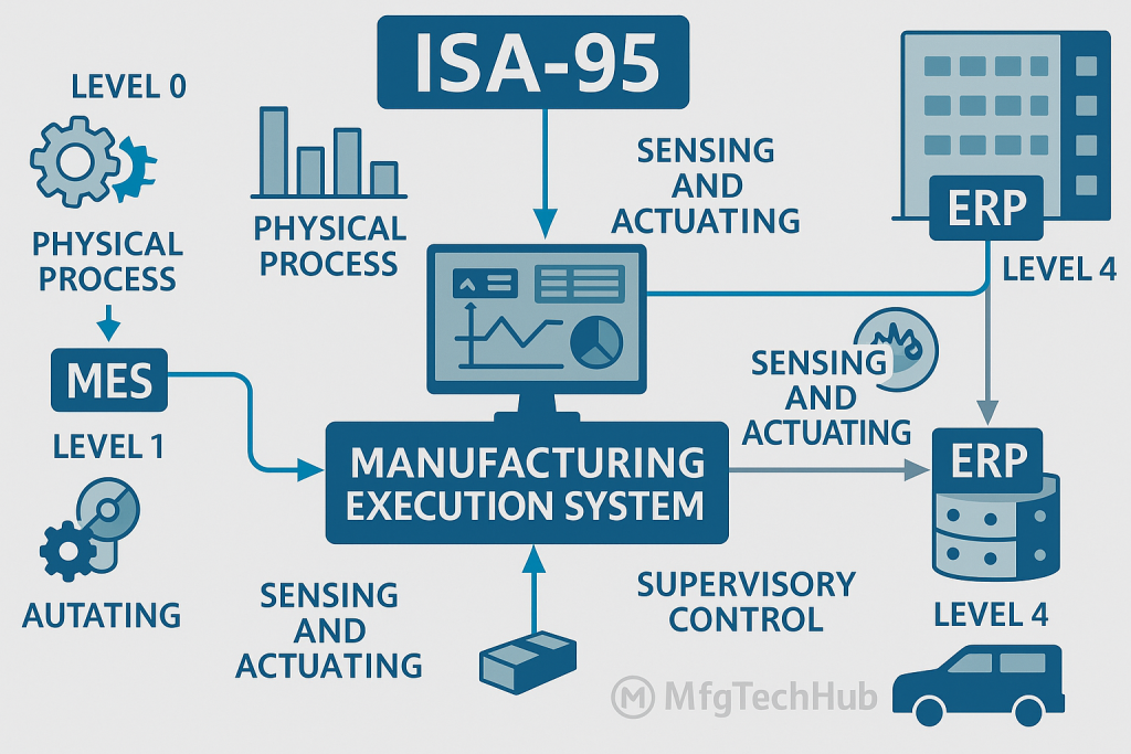 MES Introduction 1 ISA-95 model diagram showing MES (Manufacturing Execution System) integrated between shop floor and ERP levels with labeled control layers.