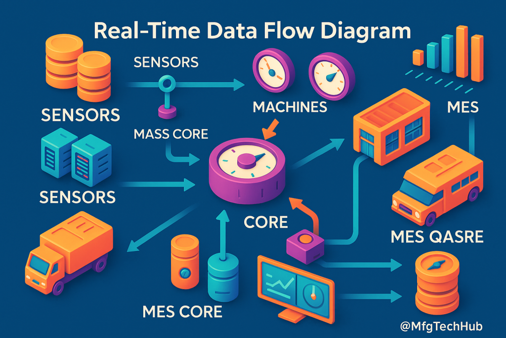 How MES Systems Work: Real-time Data Acquisition 1 a real-time data flow diagram for MES systems, featuring icons for sensors, machines, MES cores, trucks, and data charts, with arrows connecting each element, on a blue background
