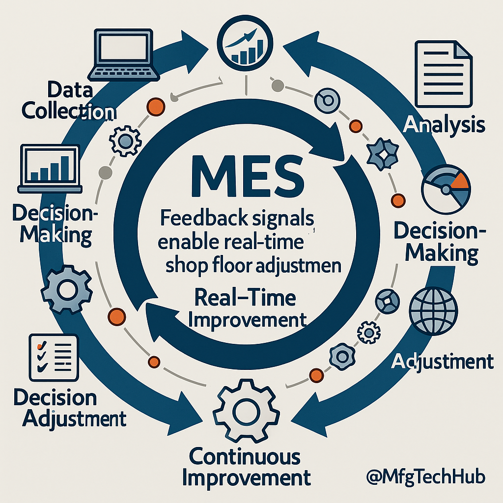How MES Systems Work: Real-time Data Acquisition 3 MES feedback cycle with stages of data collection, analysis, decision-making, adjustment, and continuous improvement, using blue and orange icons