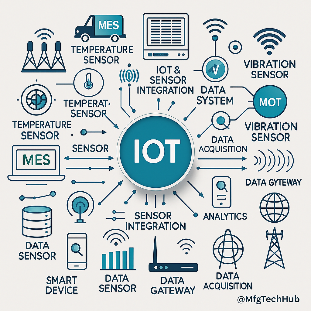 How MES Systems Work: Real-time Data Acquisition 4 IoT ecosystem connected with MES, temperature sensors, vibration sensors, data acquisition, analytics, data gateway, sensor integration, and smart devices