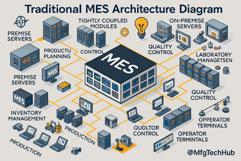 A infographic showing traditional MES architecture with servers, modules, terminals, and control systems