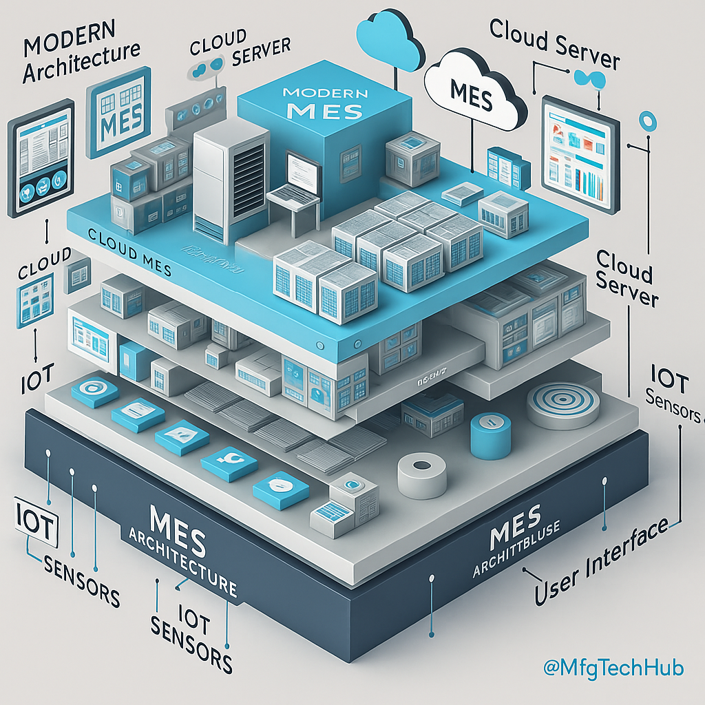 A infographic showing modern MES architecture with cloud servers, IoT sensors, user interface, and system layers