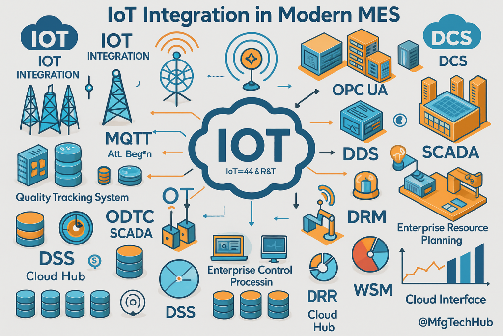 A infographic showing IoT integration with modern MES systems including SCADA, DCS, OPC UA, MQTT, DDS, DRM, and enterprise control
