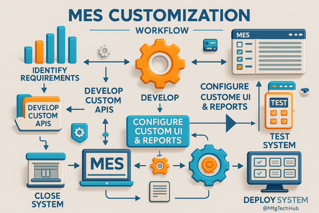 A infographic showing MES customization workflow including requirements, API development, UI configuration, testing, and deployment