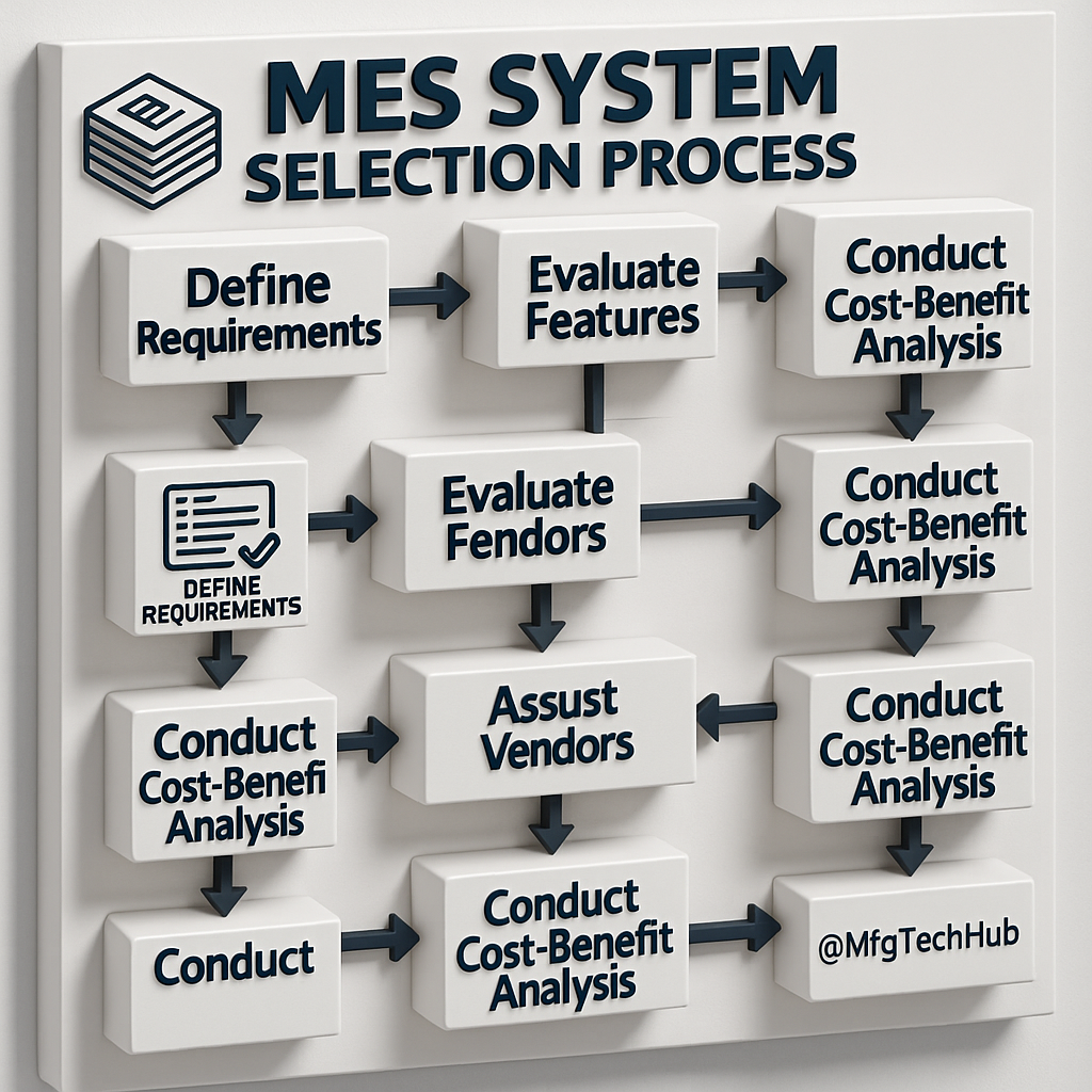 A infographic showing MES system selection steps including requirements, evaluation, vendor assessment, and cost-benefit analysis