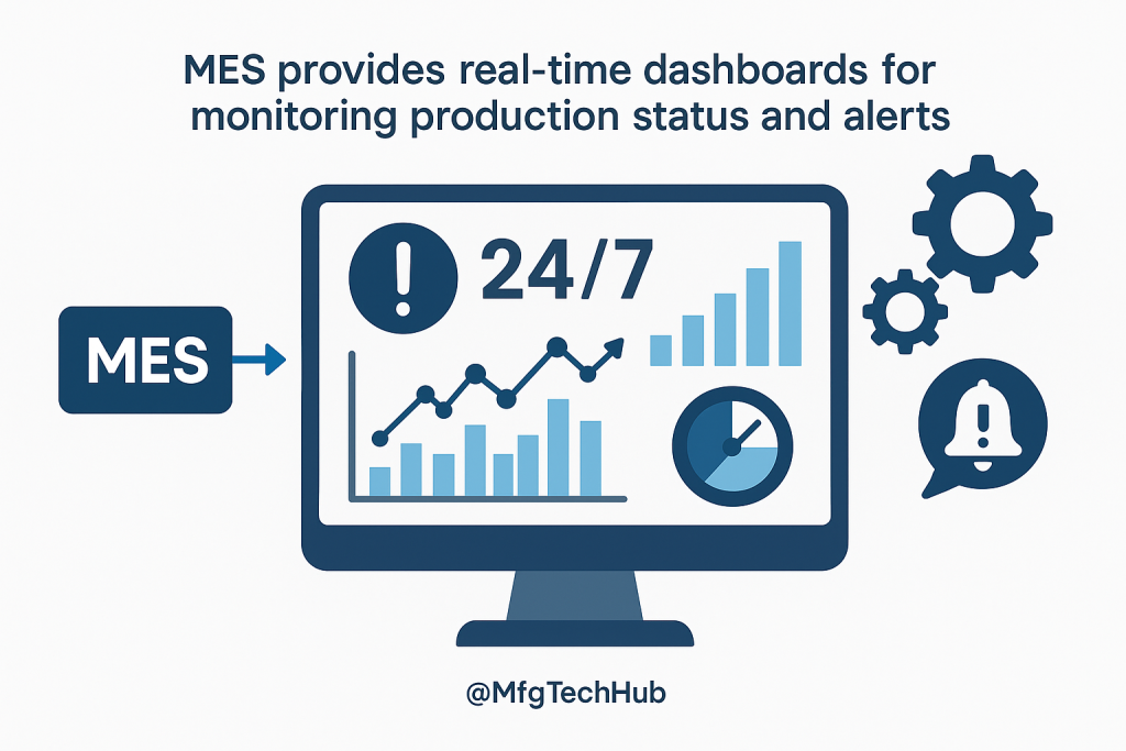 MES Importance in Manufacturing 1 MES dashboard showing real-time production metrics, alerts, and workflow monitoring in a smart manufacturing environment.