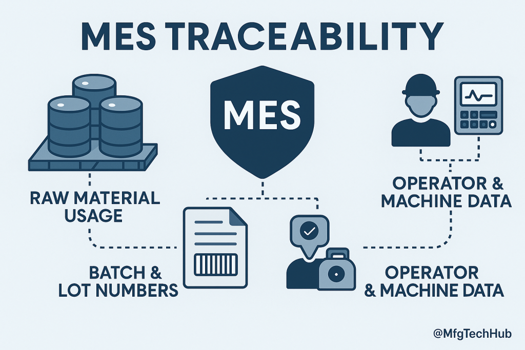 MES Importance in Manufacturing 4 MES traceability tracking raw materials, batch numbers, operator and machine data.