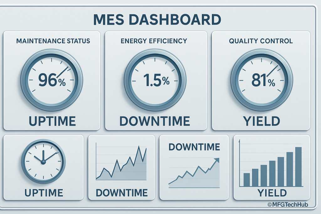 A clean, landscape infographic of a real-time production dashboard showing uptime, downtime, and yield metrics with modern gauges, bar charts, and KPIs.