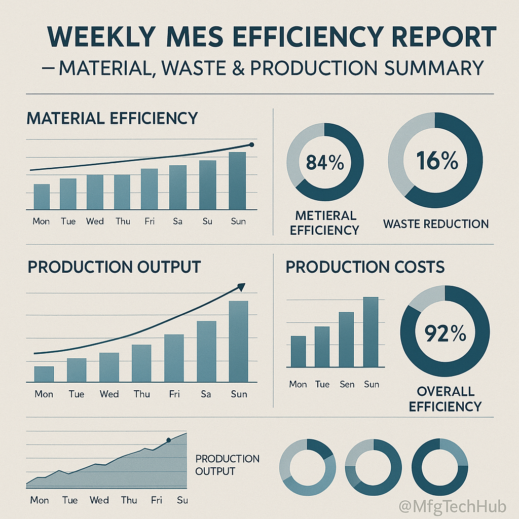 Infographic showing weekly MES efficiency report with sections on material usage, waste reduction, and production summary in a structured layout