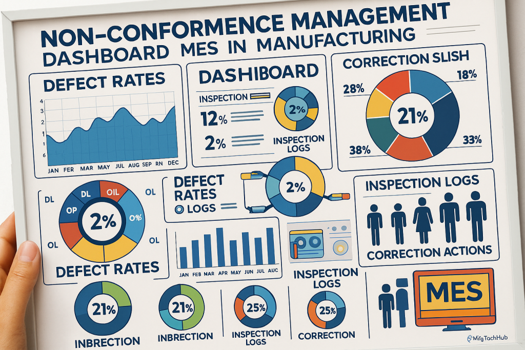 showing a non-conformance management dashboard in MES with defect rates, inspection logs, and correction actions