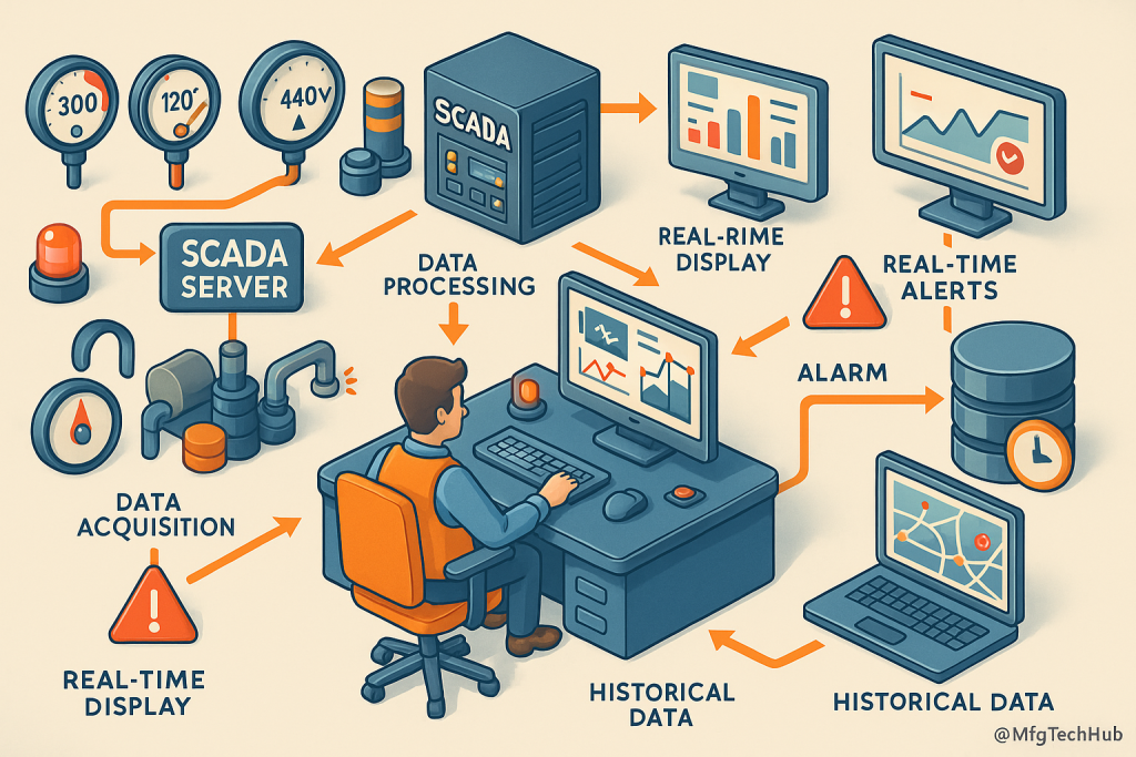 SCADA data presentation components including HMI, real-time dashboards, alarms, historical data, and visualization systems.