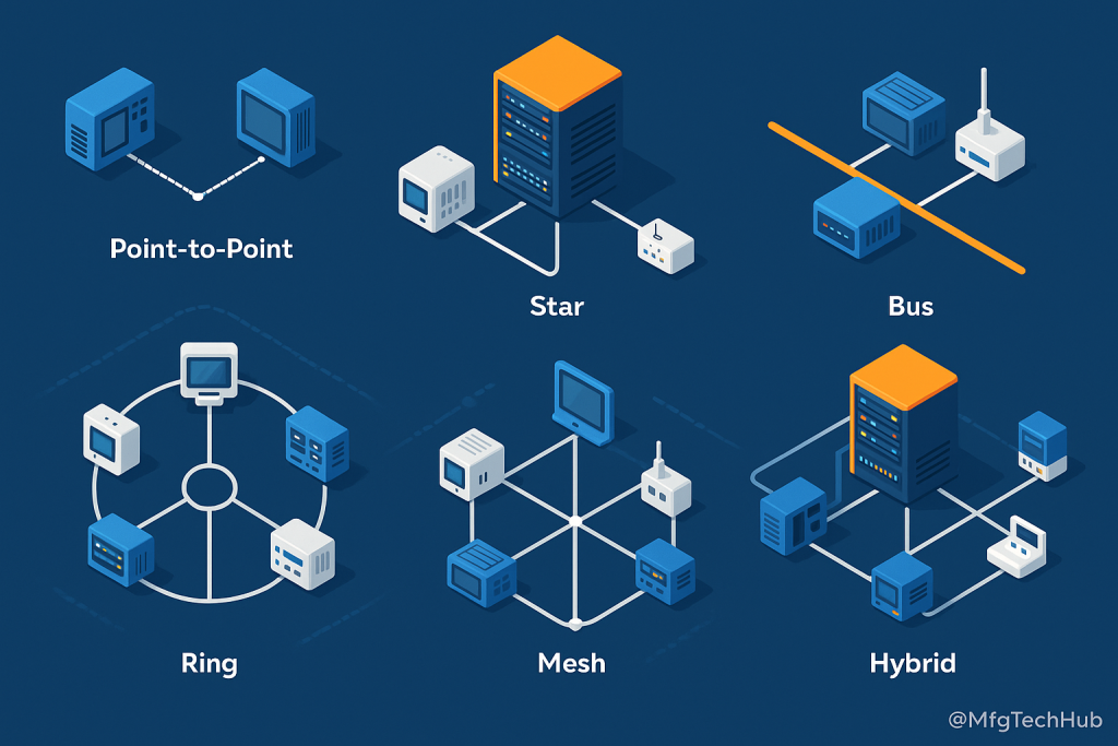 SCADA Architecture: Network Topologies 1 SCADA network topologies including point-to-point, star, bus, ring, mesh, and hybrid structures with visual representation