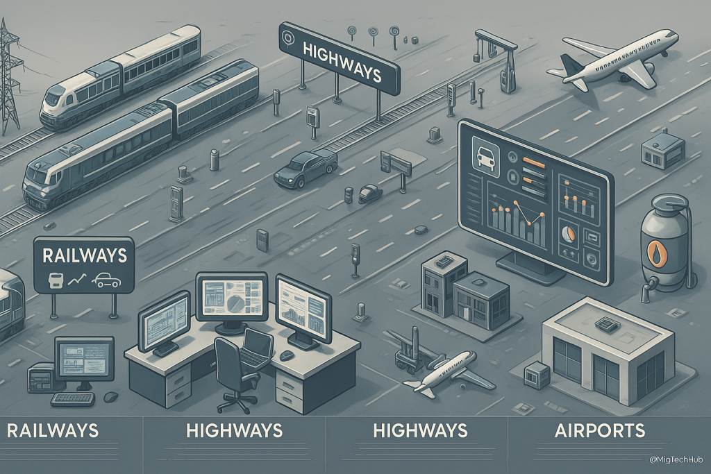 SCADA system applications in railways, highways, and airports with smart automation and monitoring technologies.