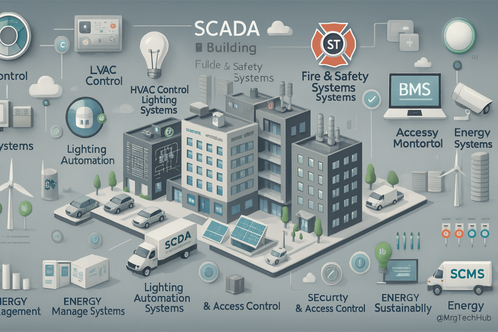 SCADA System Applications: Building Management Systems (BMS) 1 SCADA system applications in building automation including HVAC, lighting, fire safety, security, and energy management.