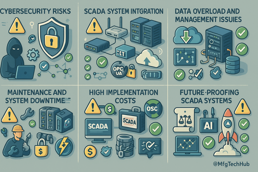 SCADA system challenges and strategic solutions including cybersecurity, integration, data management, maintenance, costs, compliance, and future-proofing