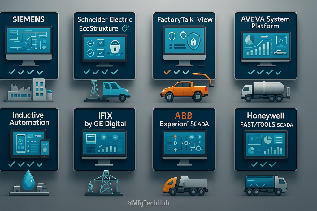 Leading SCADA vendors and products including Siemens WinCC, Schneider ClearSCADA, Rockwell FactoryTalk, AVEVA, Ignition, GE iFIX, ABB, Honeywell Experion, and Yokogawa FAST/TOOLS