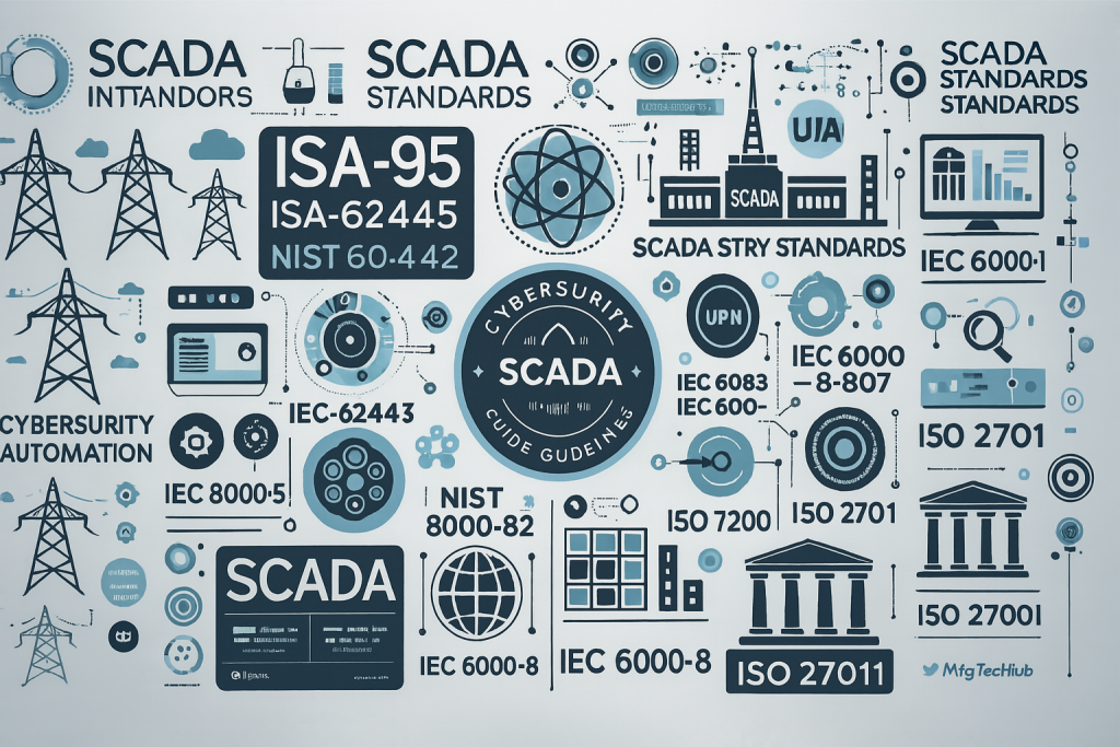 SCADA industry standards and guidelines including ISA-95, ISA-62443, NIST 800-82, ISO 27001, IEC 60870-5, OPC UA, and more.