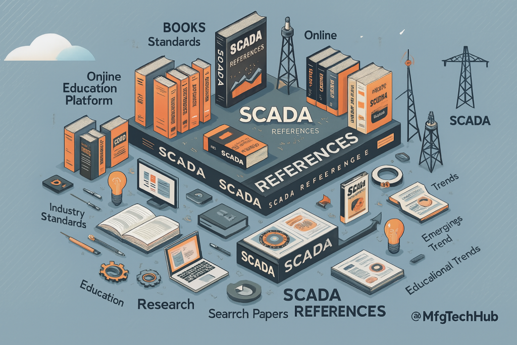 SCADA references and further reading infographic featuring books, industry standards, online resources, research papers, educational platforms, and emerging trends.