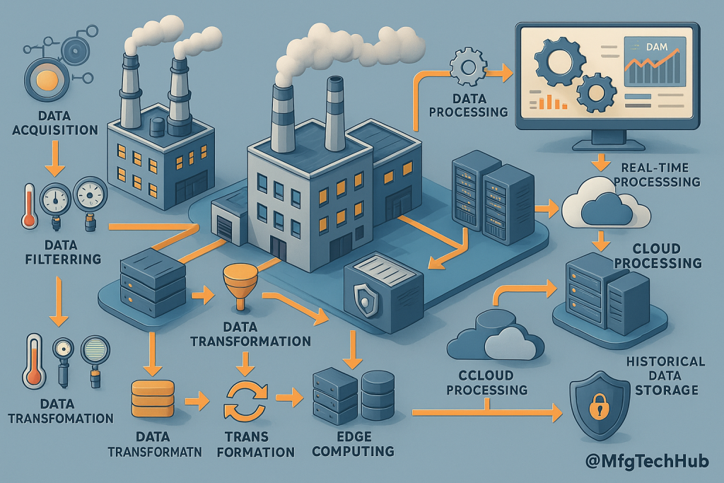 SCADA data processing components including data filtering, transformation, edge and cloud processing, real-time analytics, and secure storage.
