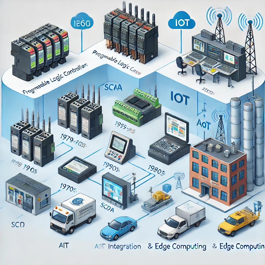 DALL·E 2024 12 29 23.29.59 An illustration showing the evolution of Programmable Logic Controllers PLCs from basic relay based systems to modern smart manufacturing systems in