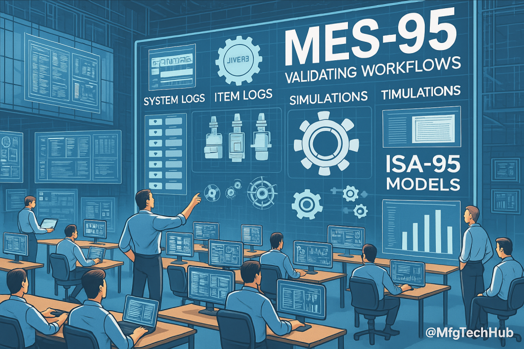 A infographic showing MES-95 validating workflows with ISA-95 models, system logs, simulations, and end-user dashboard interaction