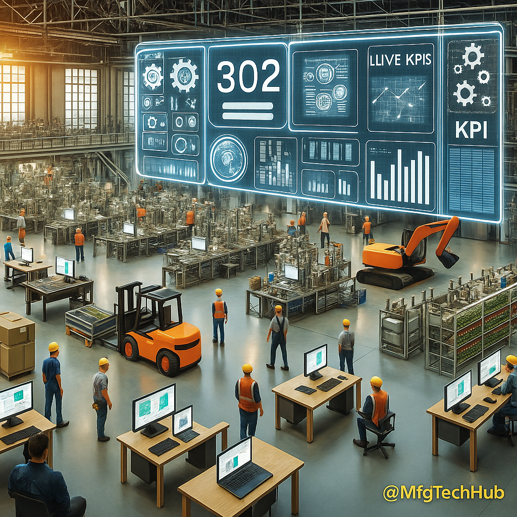 A infographic of a smart factory with workers, robots, and a large digital MES dashboard showing live KPIs and production data