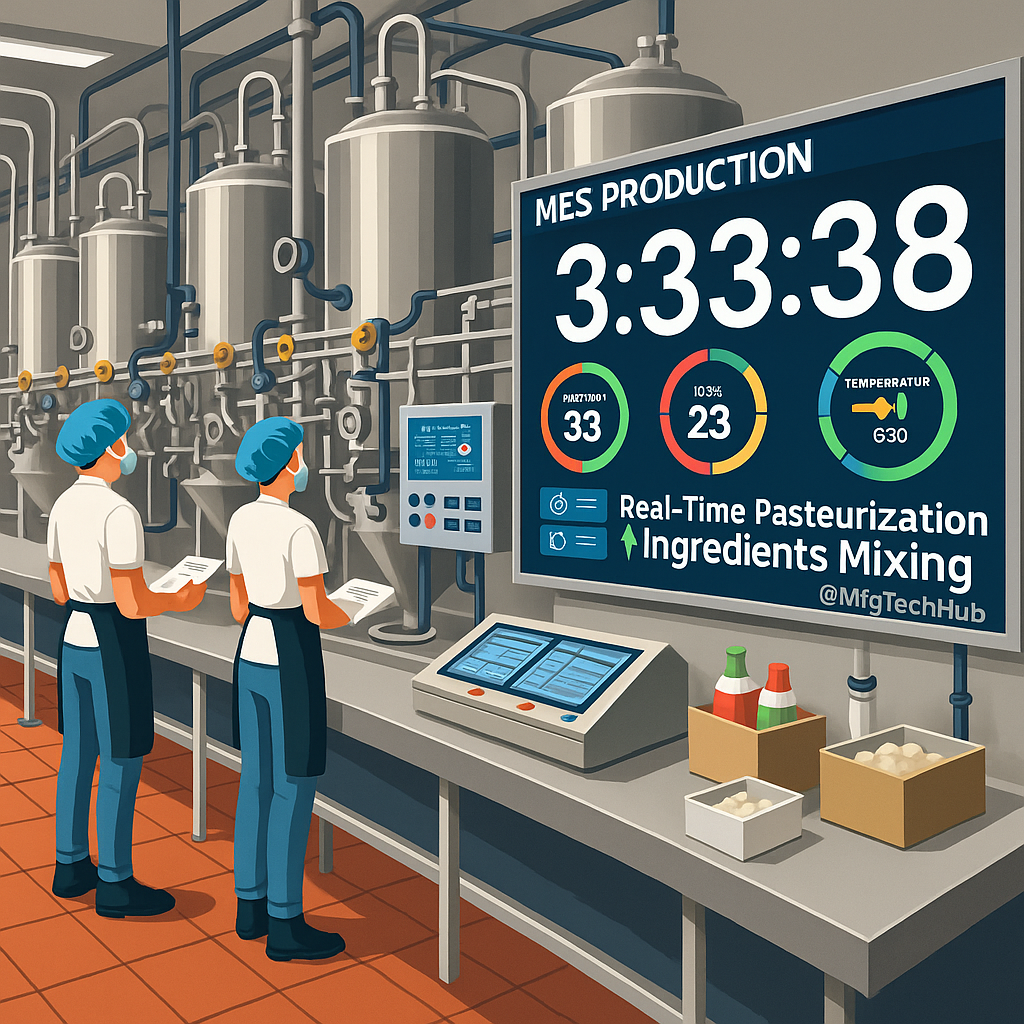A infographic showing MES dashboard in a food and beverage factory with real-time temperature, mixing, and production monitoring