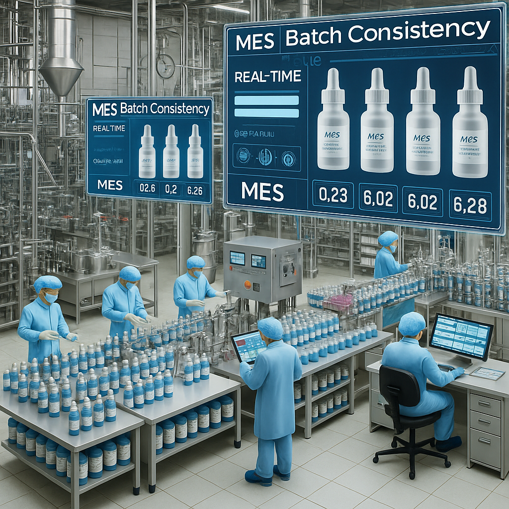 A infographic showing pharmaceutical workers using MES dashboards to monitor real-time batch consistency and quality control