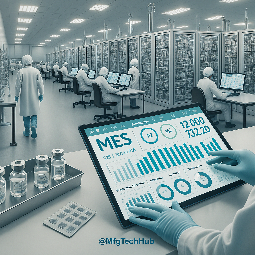 A infographic of a pharmaceutical manufacturing lab with scientists using MES dashboards to monitor production, quality, and data analytics