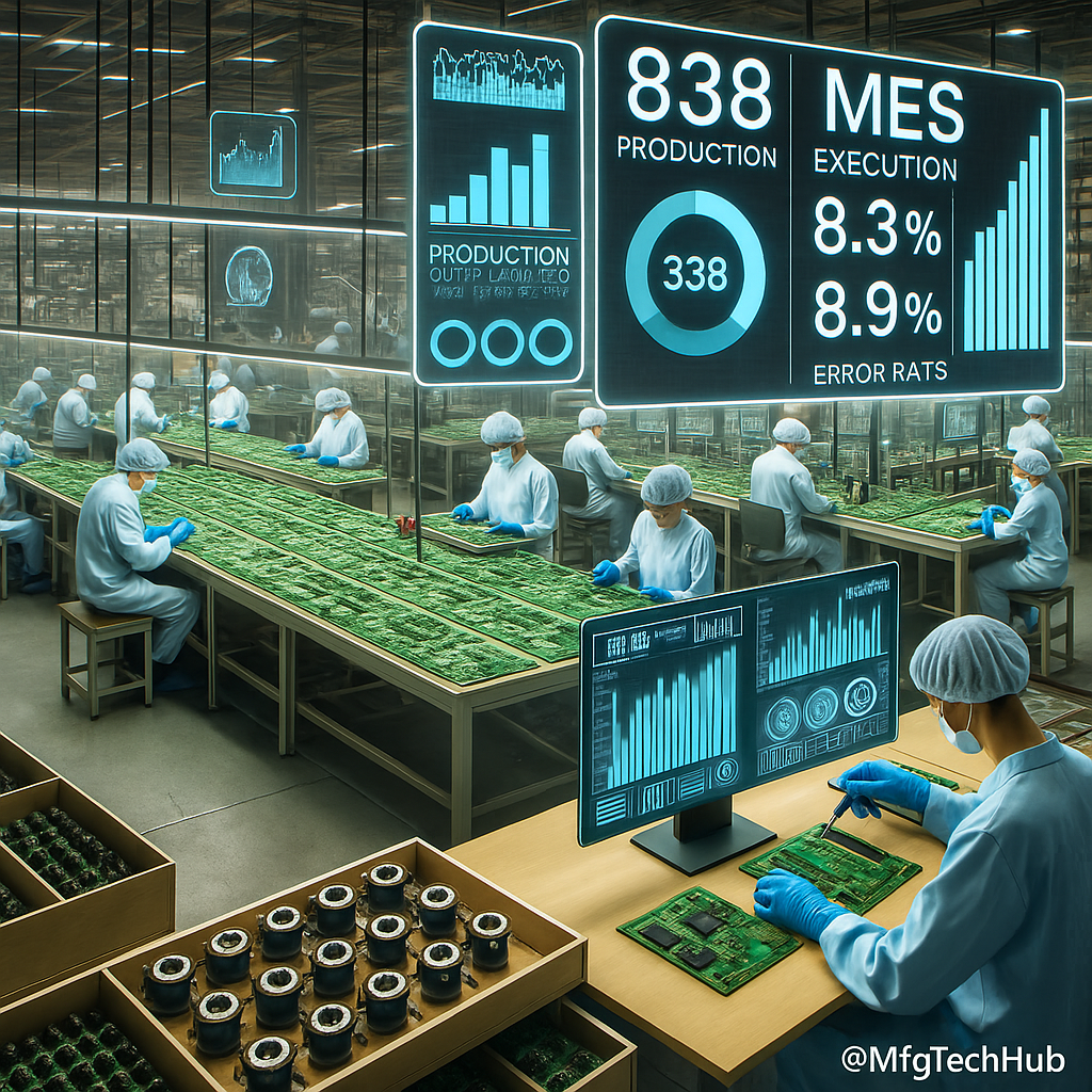Workers assembling circuit boards at a high-tech electronics manufacturing facility with MES dashboards displaying live production metrics